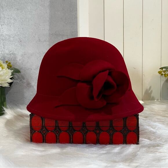 NEW Charter Club Wool Gatsby Cloche Bucket 1920’s Rose Winter Hat Red OS NWT